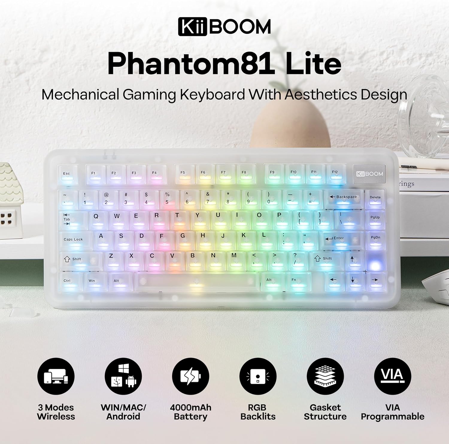KiiBoom Phantom81 Lite 75% Gasket Mechanical Keyboard, QMK&VIA Programmable, 3 Modes Wireless Gaming Keyboard, RGB Backlights, ABS Case, Hot-Swappable for Windows/Mac/Linux (Clear)
