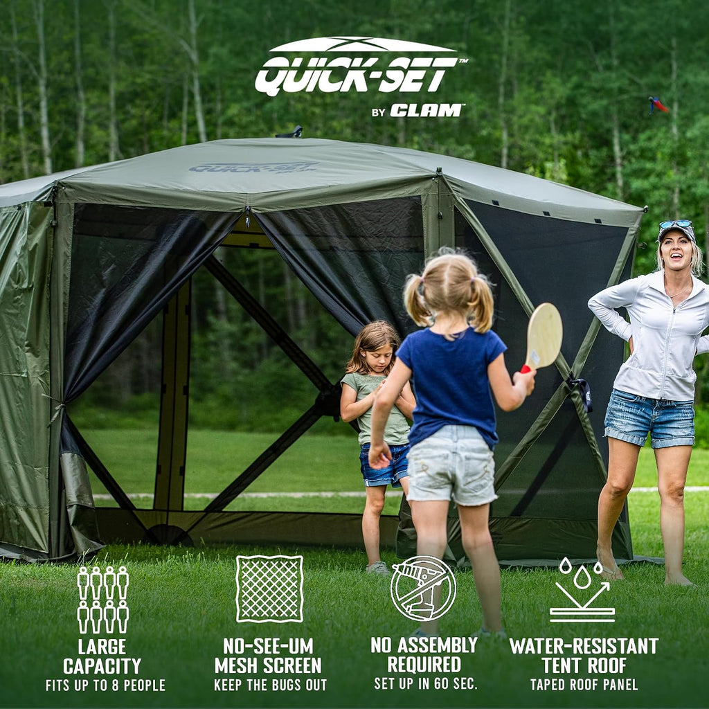CLAM Escape 11.5' Pop-Up Screen Tent – Green Outdoor Camping Gazebo Canopy with No-See-Um Mesh, Carry Bag & Stakes – 6-Sided Portable Shelter for Camping, Picnics, & Events – Fast 45-Second Setup