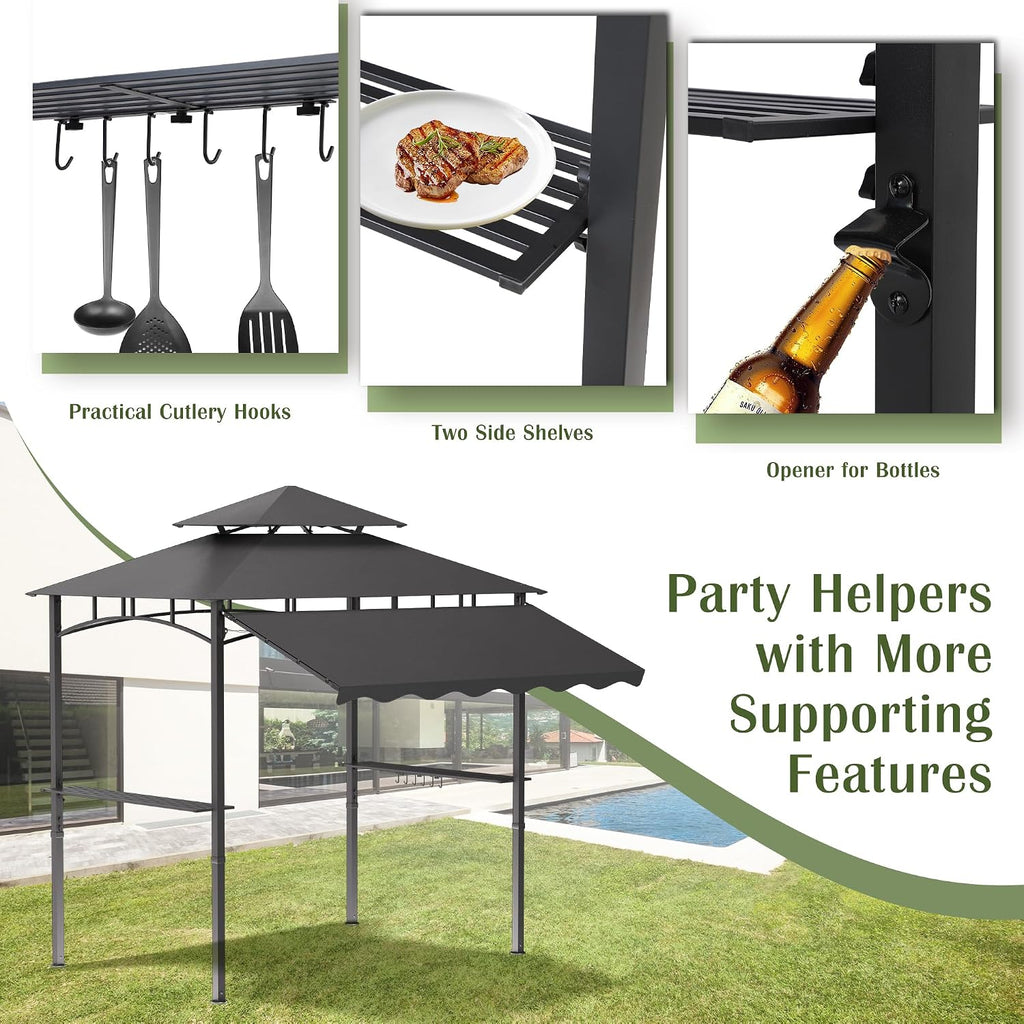 MAGIC UNION 8x8 FT Grill Gazebo with Side Awning, 2-Tier Barbecue Canopy Shelter with 2 Shelves, 7 Hanging Hooks, Bottle Opener, Outdoor Grilling Awnings Tent for Backyard Garden Poolside (Gray)