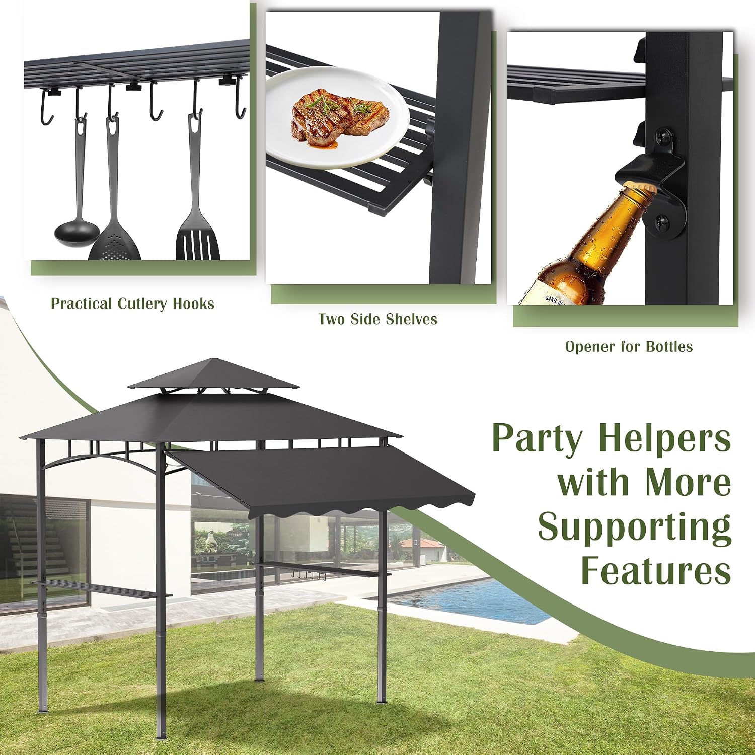 MAGIC UNION 8x8 FT Grill Gazebo with Side Awning, 2-Tier Barbecue Canopy Shelter with 2 Shelves, 7 Hanging Hooks, Bottle Opener, Outdoor Grilling Awnings Tent for Backyard Garden Poolside (Gray)