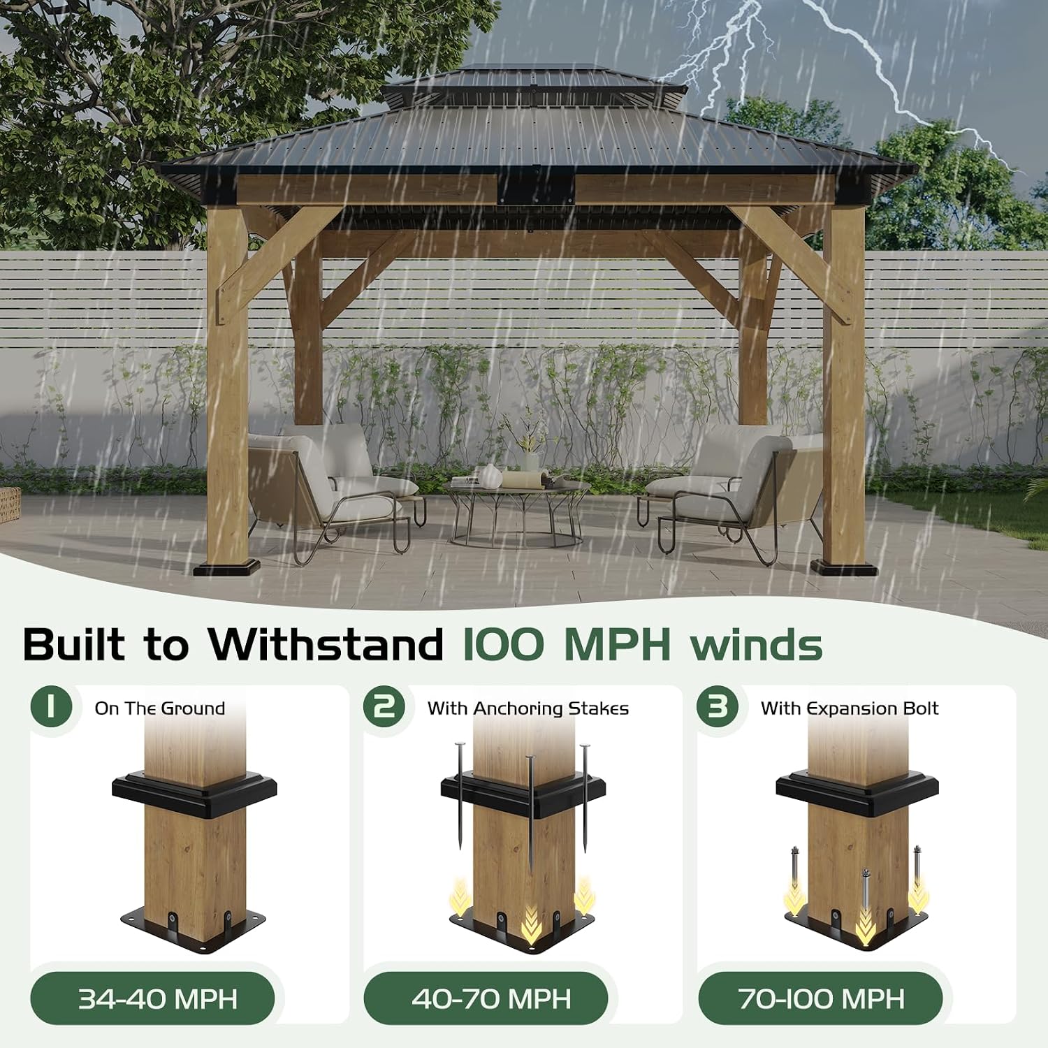AMERLIFE 10x12 Wood Gazebo, Hardtop Gazebo with Spruce Frame and Double Metal Roof, Outdoor Pergola for Parties, Backyard, Patio, Lawns, Black + Natura Wood