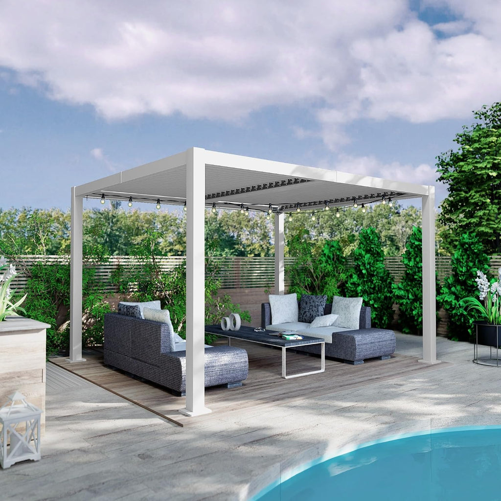 Kozyard Outdoor Louvered Pergola 10' x 12' Pergola Sun Shade All-Weather Aluminum Packing Shelter with Drainage System Adjustable Roof Waterproof for Poolside Balcony Patio Garden Yard White