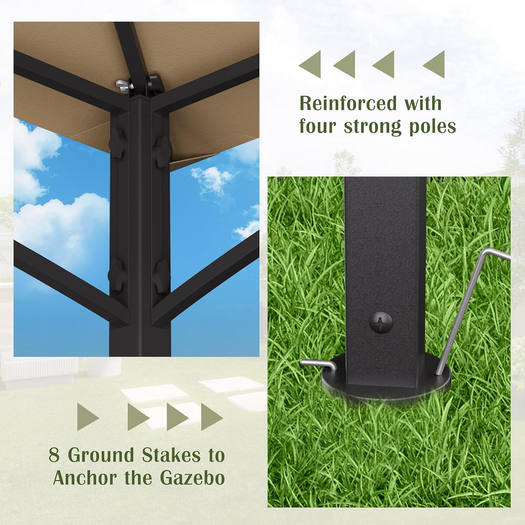 8'X 8' Grill Gazebo with Extra Side Awning, Double Tiered BBQ Gazebos Heavy-Duty Steel Frame Awning W/2 Side Shelf 7 Hook, Outdoor Pergola Awning Tent for Patio Deck Backyard BBQ Party (Khaki)