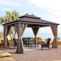YITAHOME 10x12ft Hardtop Gazebo with Nettings and Curtains, Heavy Duty Double Roof Galvanized Steel Outdoor Combined of Horizontal Vertical Stripes Roof for Patio, Backyard, Deck, Lawn (Bronze)