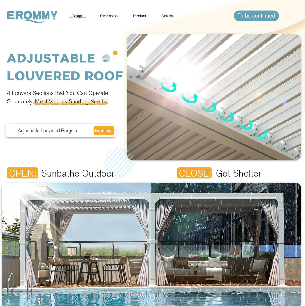 EROMMY Louvered Pergola 10x20, Outdoor Aluminum Pergola with Adjustable Rainproof Roof for Garden, Patio, Deck, Waterproof Curtains and Netting Included, White