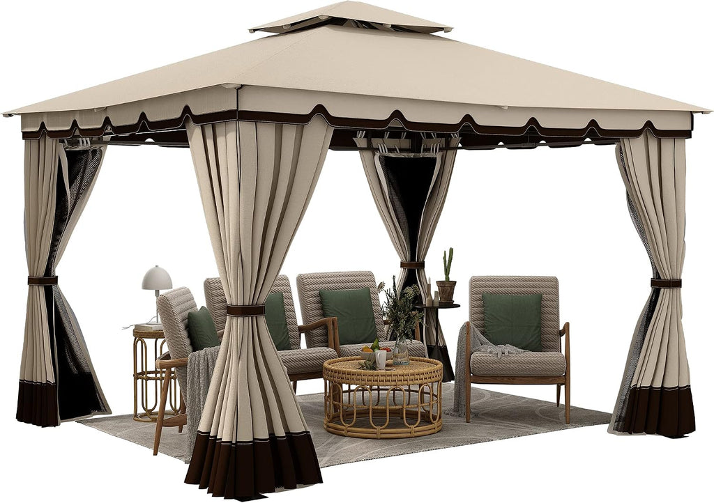 YITAHOME 10x12ft Gazebo for Patios Outdoor Double Roof Canopy Gazebo with Netting & Curtains, Soft Fabric Top Garden Winds Tent with Steel Frame for Lawn, Garden, Backyard and Deck (Khaki)