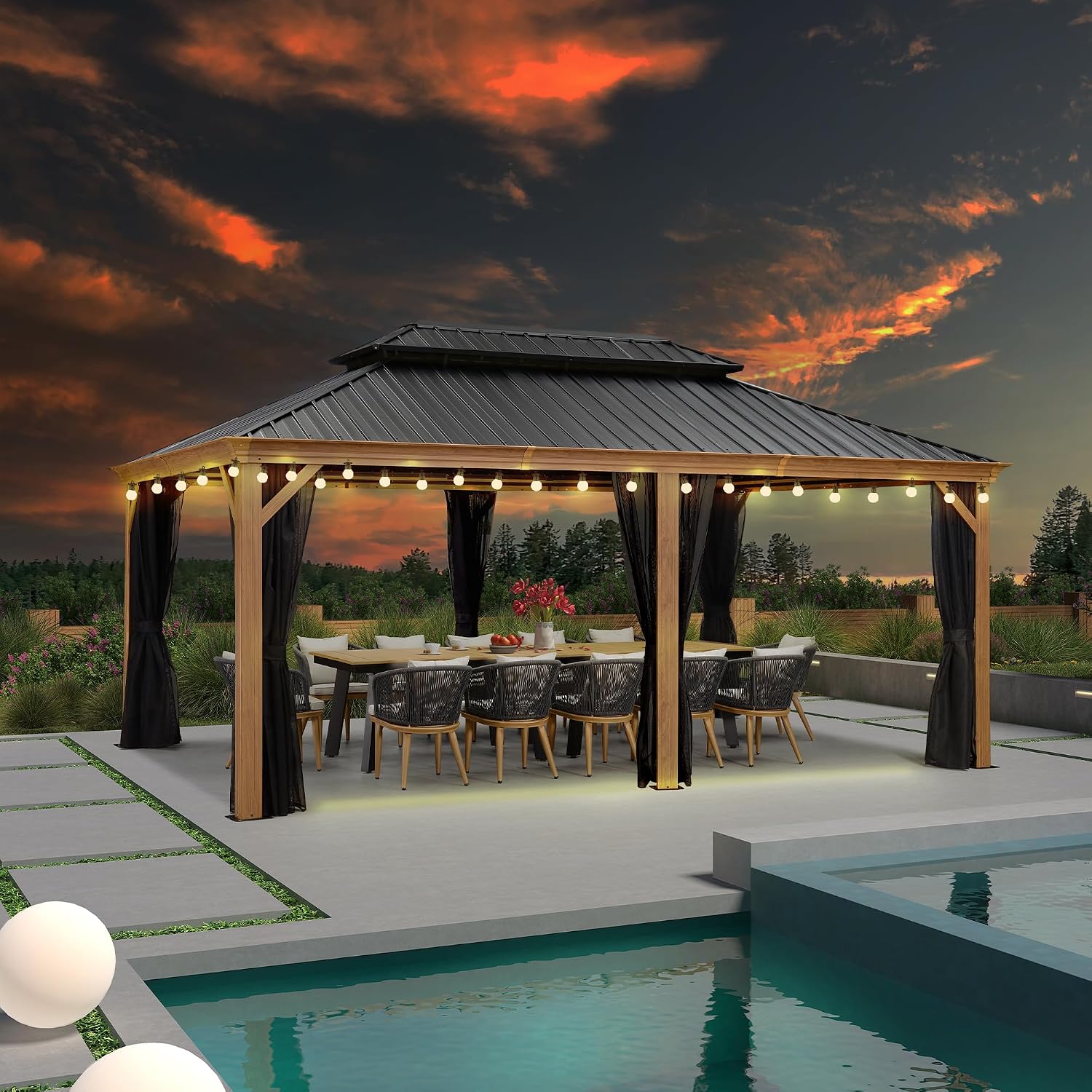 PURPLE LEAF 12' X 18' Outdoor Hardtop Gazebo for Patio Galvanized Steel Double Roof Permanent Canopy Teak Finish Coated Aluminum Frame Pavilion Gazebo with Netting and Lights
