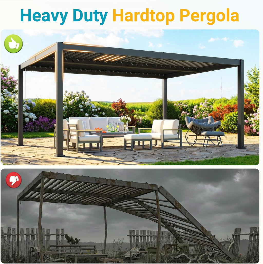 Louvered Pergola, 12' x 16' Outdoor Pergola, Metal Patio Gazebo with Adjustable Louvers Roof and Gutter System, Metal Hardtop Gazebo for Patio, Backyard, Deck, Garden, Dark Gray