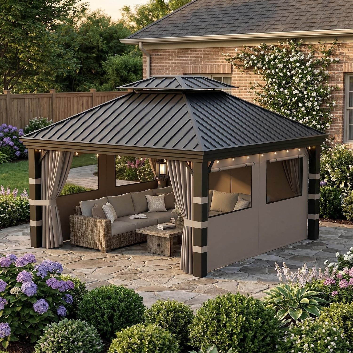 10'x12' Gazebo Curtains Outdoor Waterproof, 4-Panels Privacy Replacement Curtains with Net Windows & Zipper, Universal Sidewall Replacement for Garden, Patio, Backyard (Curtain Only, Brown)