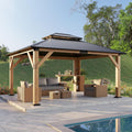 LUXOAK 13x15 Wood Gazebo, Hardtop Outdoor Gazebo with Aluminum Double Roof, Outdoor Wooden Pavilion for Parties, Backyard, Patio, Lawns, Black + Natural Wood