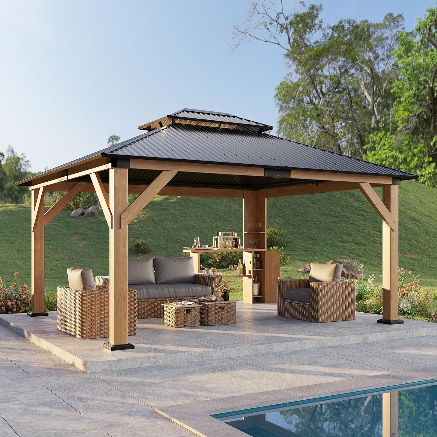 LUXOAK 13x15 Wood Gazebo, Hardtop Outdoor Gazebo with Aluminum Double Roof, Outdoor Wooden Pavilion for Parties, Backyard, Patio, Lawns, Black + Natural Wood