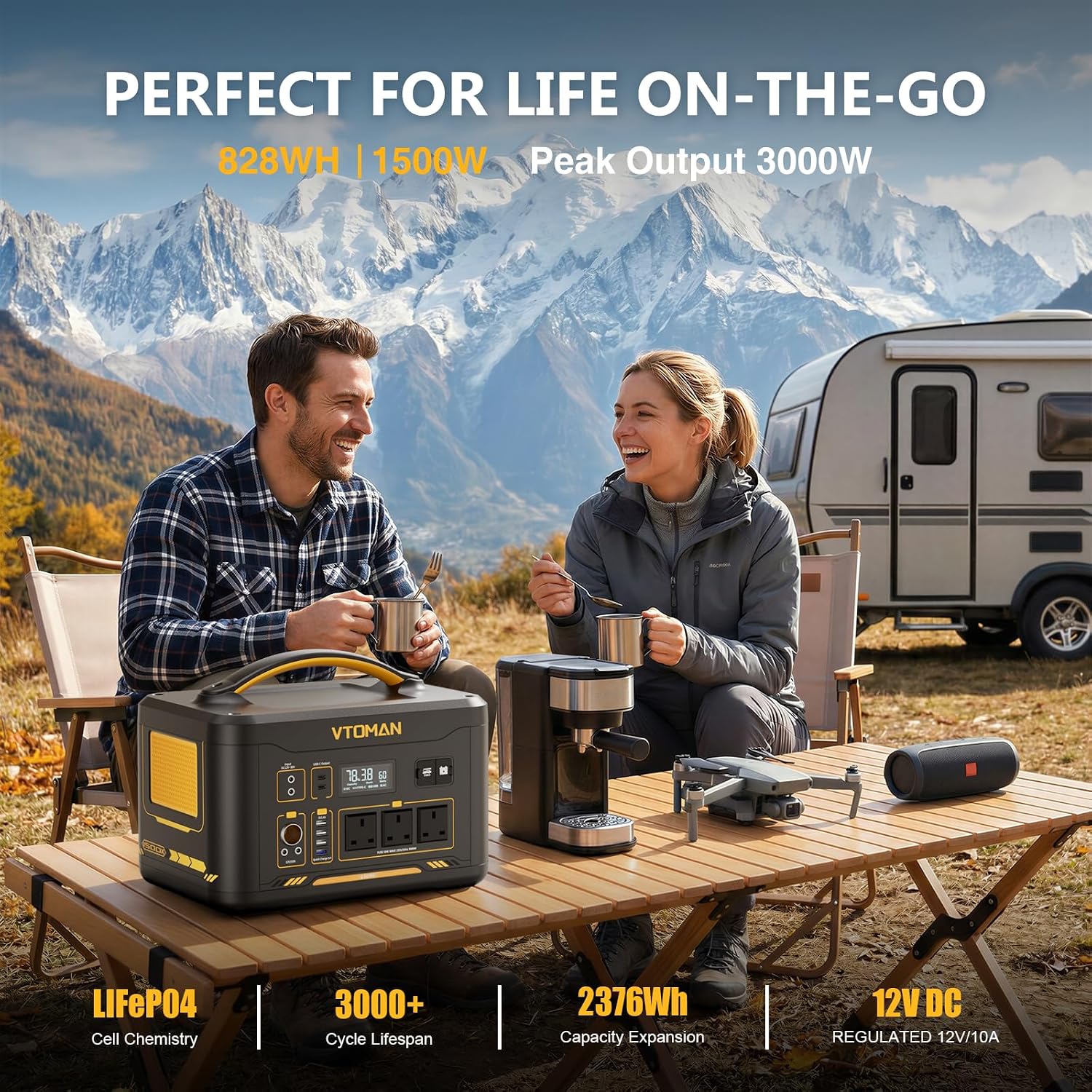 VTOMAN Jump1500X Portable Power Station, 828Wh LiFePO4 Battery Solar Generator with Jump Start, 1500W AC Outlet, 100W PD Type-C, Large Capacity Expandable to 2376Wh for Camping, RV Travel, Home Backup