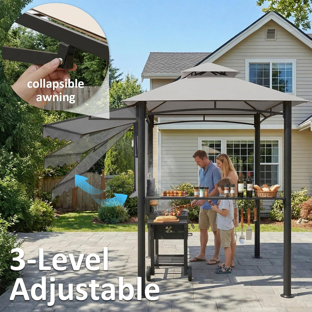 CHARMELEON 8x8 FT Grill Gazebo, Grill Canopy with Big Awning&2 Side Shelves&6 Hooks&Bottle Opener, Powder-Coated Steel BBQ Shelter for Patio Backyard Outdoor Grilling-Light Gray
