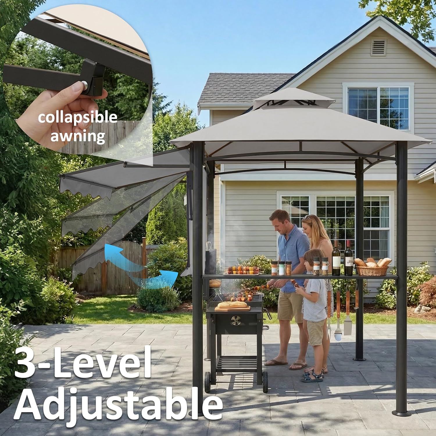 CHARMELEON 8x8 FT Grill Gazebo, Grill Canopy with Big Awning&2 Side Shelves&6 Hooks&Bottle Opener, Powder-Coated Steel BBQ Shelter for Patio Backyard Outdoor Grilling-Light Gray