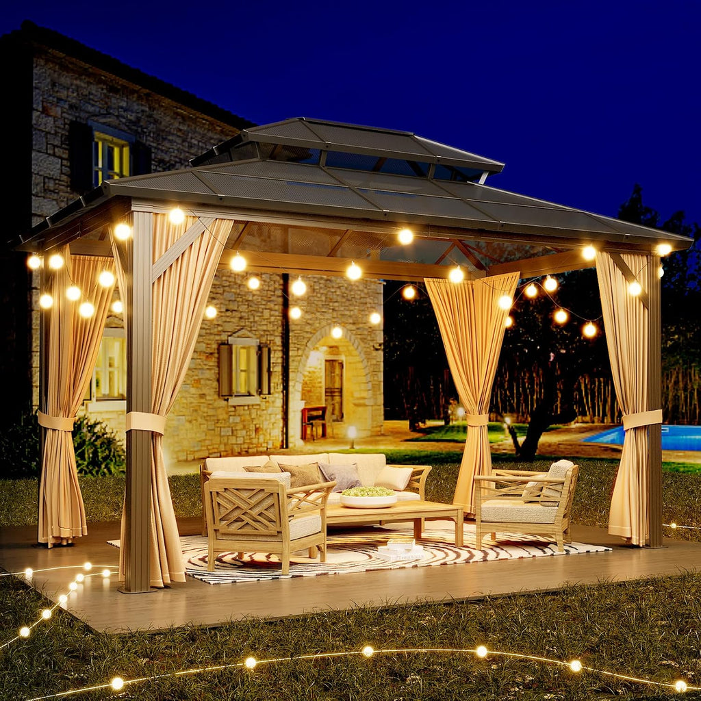 10X13FT Outdoor Hardtop Gazebo with Aluminum Frame, Heavy-Duty Double Roof Polycarbonate Gazebo Including Mesh Netting and Sunshade Curtains, for Patios, Terraces, Lawns, Decks, Brown + Khaki