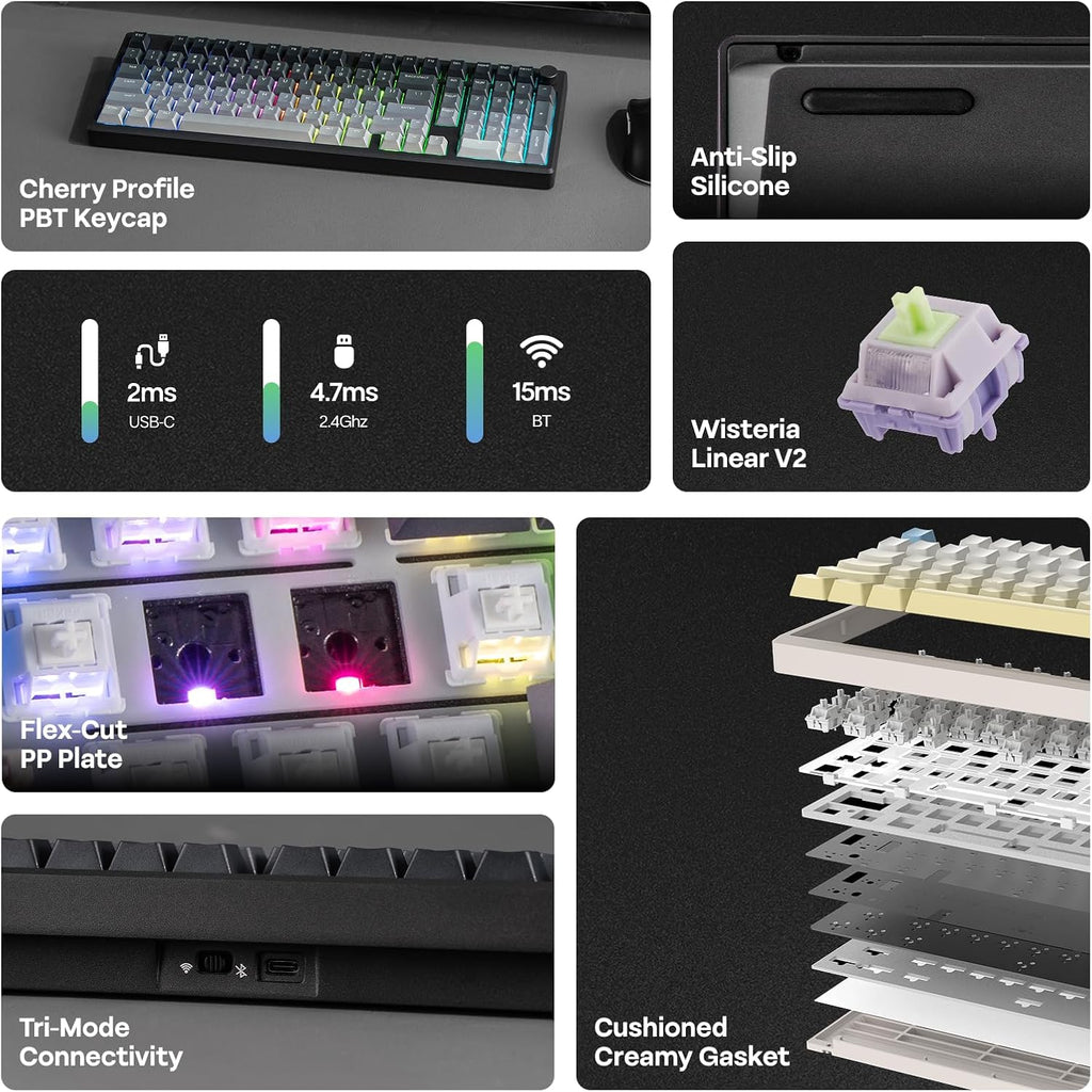 EPOMAKER Galaxy100 Lite QMK/VIA Gaming Keyboard with 8000mAh Battery and Numpad, 1800 Aluminum Mechanical Keyboard, USB-C/BT/2.4Ghz, Hot-Swap, Creamy Sound (Black, Wisteria Linear Switch)