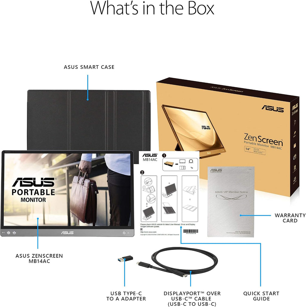 ASUS ZenScreen MB14AC 14' Portable USB Type-C Monitor, 1080P Full HD, IPS, Eye Care, Anti-Glare Surface, External Screen for Laptop, Hybrid Signal Solution