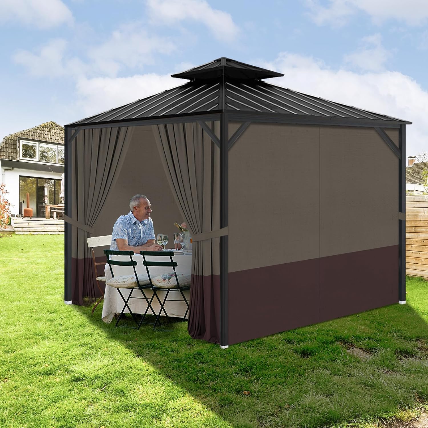 Gazebo Privacy Curtains 10' x 12' with Zipper 4-Panels Side Wall Universal Replacement for Patio, Outdoor Canopy, Garden and Backyard Khaki and Brown (Curtain Only)