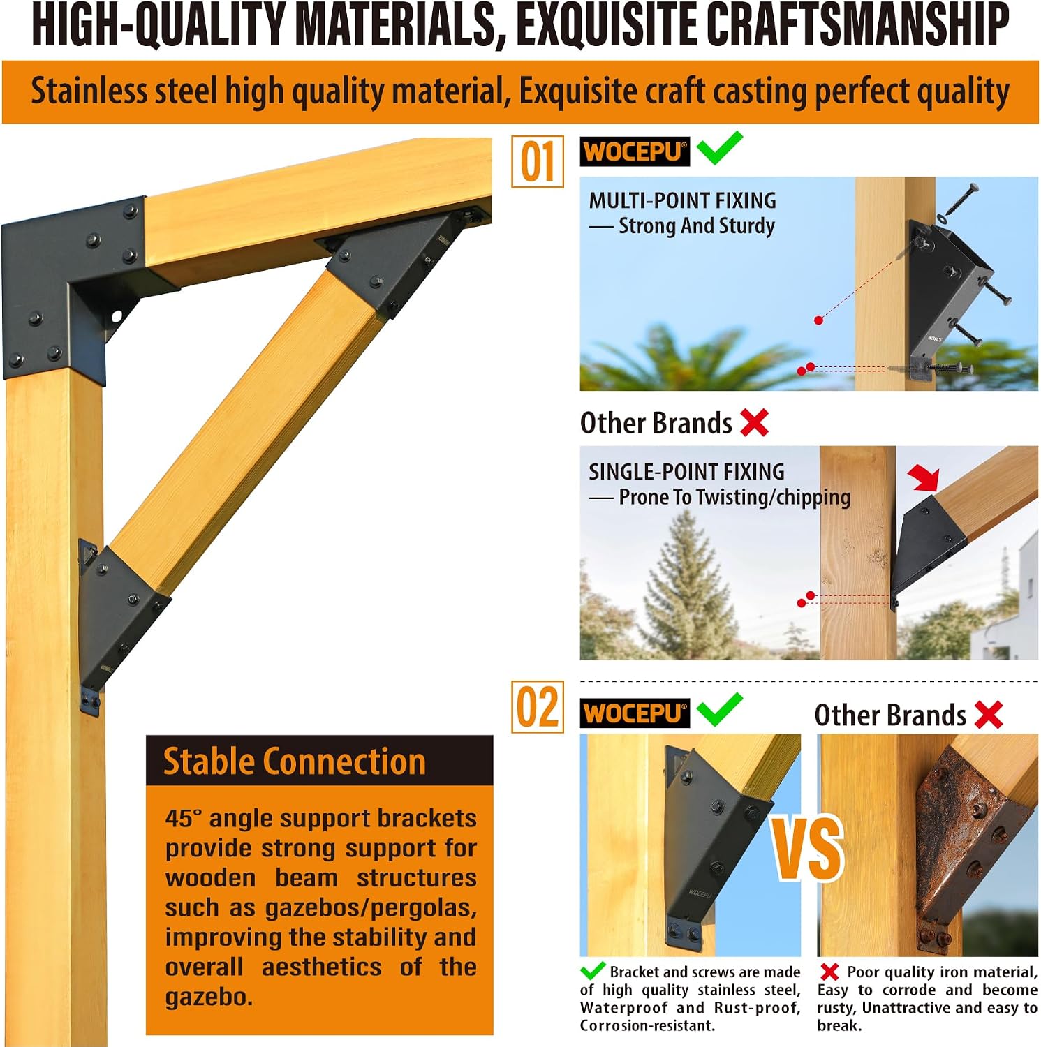 8pack 2x4 (Actual 1.5''x3.5'') Degree Angle Support Brackets, For Pergola, Gazebo, Deck Wood Frame Structures Provide Support 45° Degree Angle Bracket