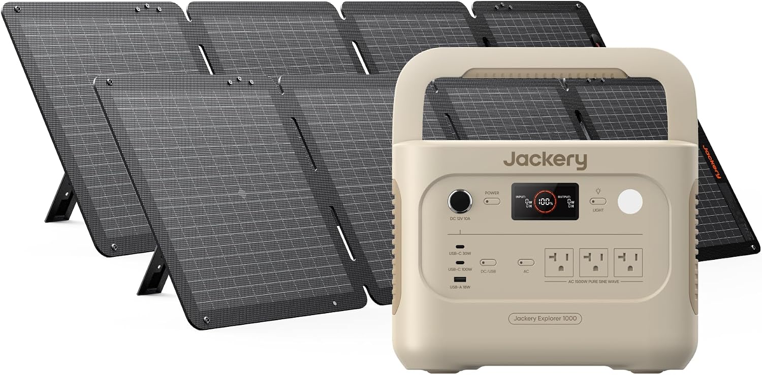 Jackery Solar Generator 1000 v2 with 2x100W Air Solar Panels, 1070Wh Portable Power Station, LiFePO4 Battery, 1500W AC Output, 1 Hr Fast Charge, for Camping, Emergency, RV, Off-Grid (Dune White)