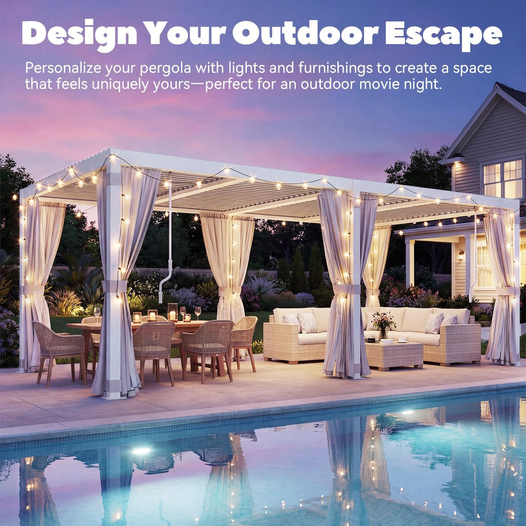 MELLCOM Louvered Pergola 10x20, Steel Aluminum Pergola with Adjustable Louvered Roofs, Outdoor Gazebo with Waterproof Curtains and Nets, White