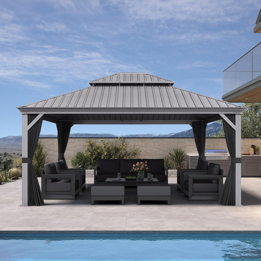 PURPLE LEAF 14' x 16' Hardtop Aluminum Gazebo with Double Metal Roof Heavy Duty Permanent Gazebo for Patio Deck Lawn Garden All Weather Outdoor Pavilion Gazebos, Light Grey