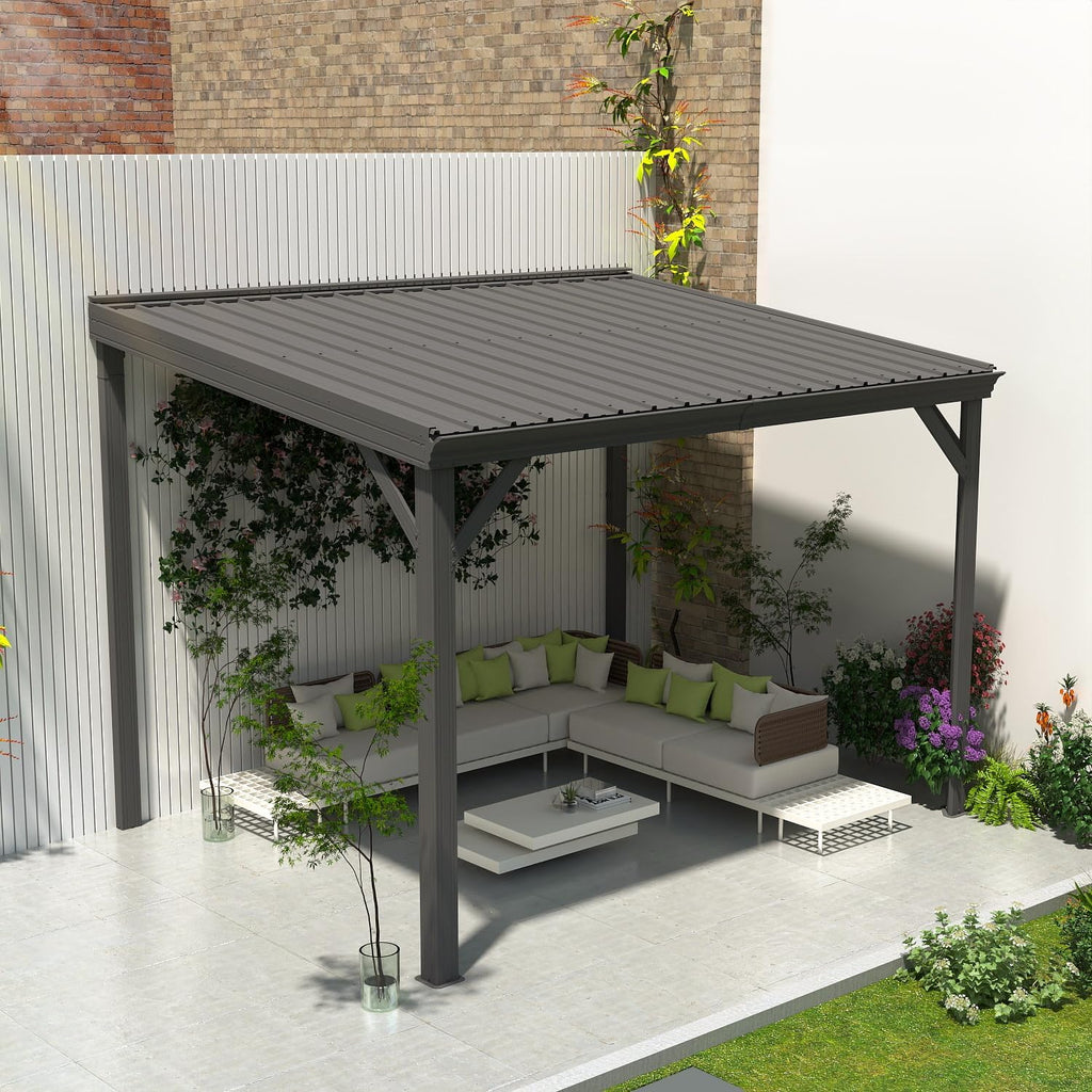 Domi 8'x10' Wall-Mounted Hardtop Gazebo Pergola – Permanent Lean-to Outdoor Shelter with Sloped Galvanized Steel Roof & Upgraded Drainage – Grey Metal Patio Cover for Backyard, Deck, Garden