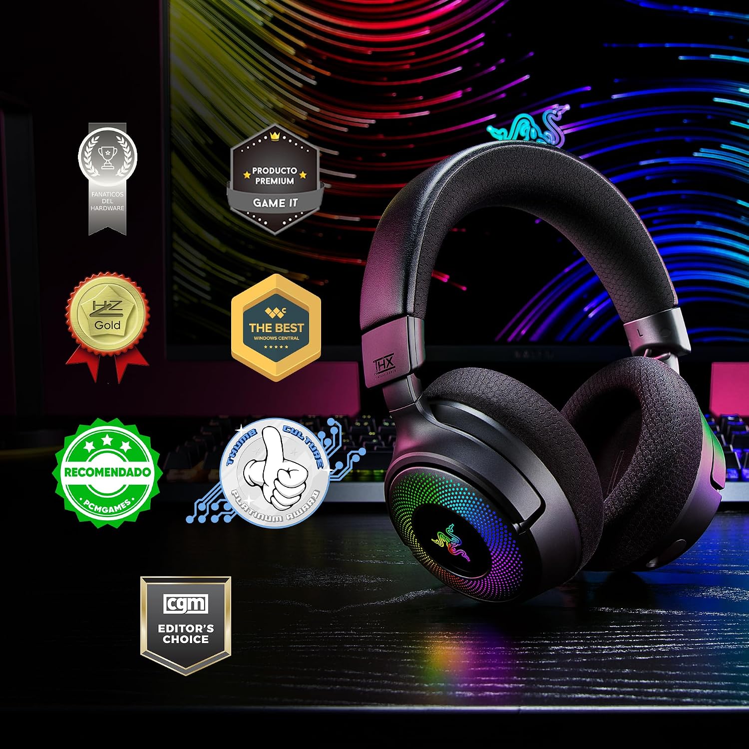 Razer Kraken V4 Wireless Gaming Headset: 2.4GHz, Bluetooth, USB - Super Wideband Mic - 40 mm Drivers - 9 Zone RGB Lighting - for PC, Mac, PS5, Nintendo Switch, Steam Deck, Smartphone - Black (Renewed)