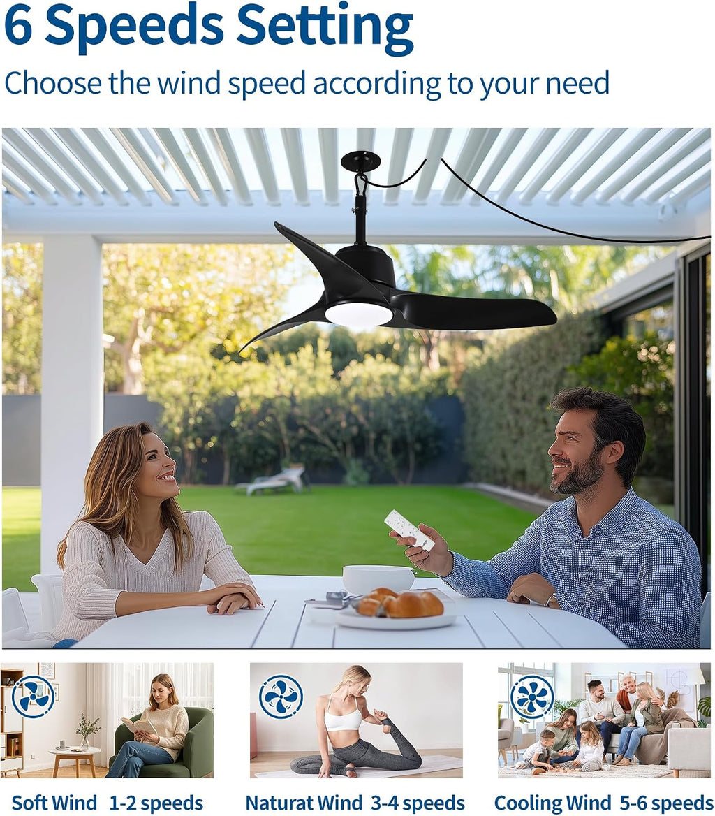 42' Outdoor Ceiling Fans with Lights, IP66 Wet Rated Waterproof Ceiling Fan with Remote Control, 6-Speed DC Motor, Farmhouse Gazebo Fan for Porch Patios Pavilion (Black)