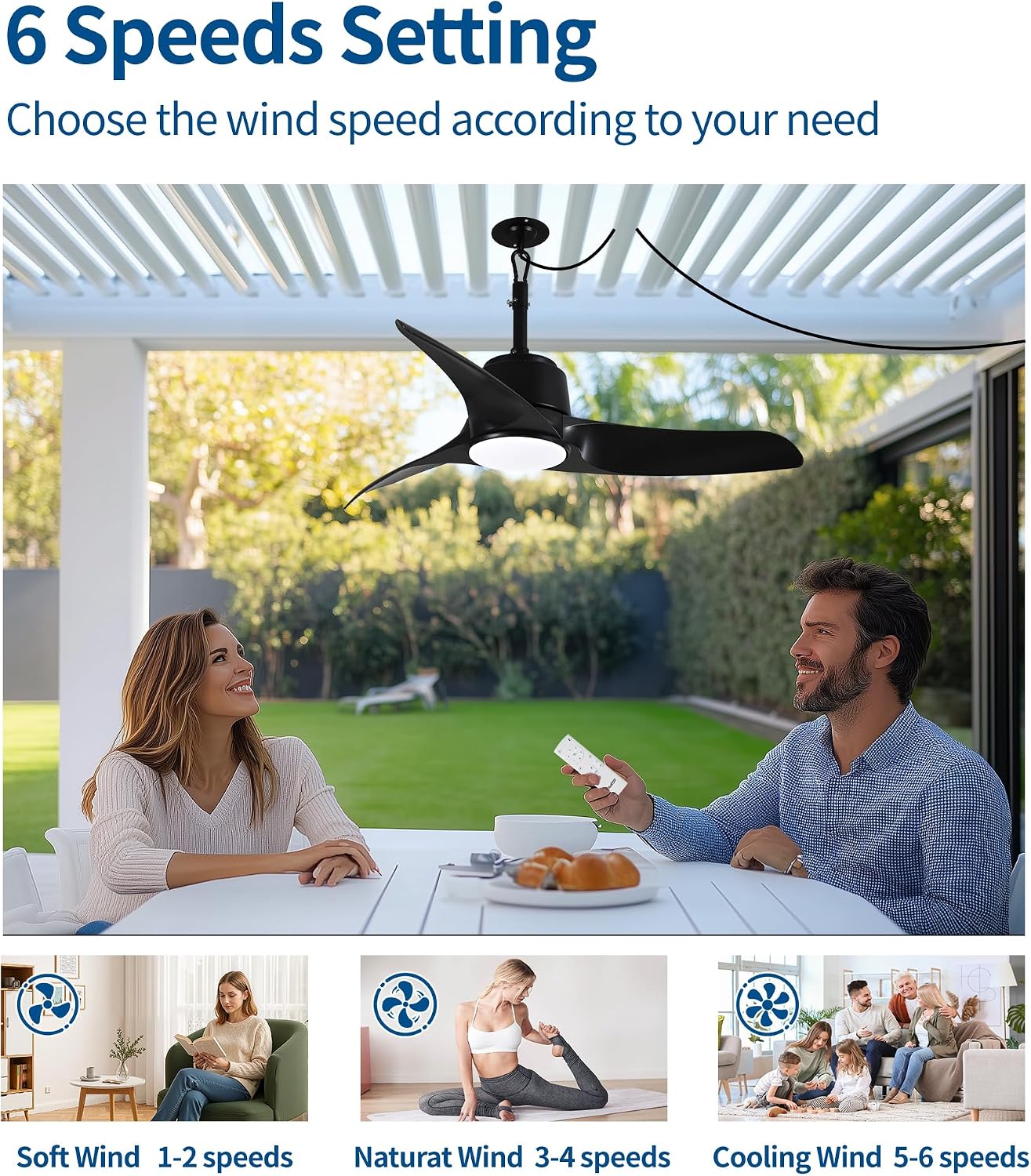 42' Outdoor Ceiling Fans with Lights, IP66 Wet Rated Waterproof Ceiling Fan with Remote Control, 6-Speed DC Motor, Farmhouse Gazebo Fan for Porch Patios Pavilion (Black)