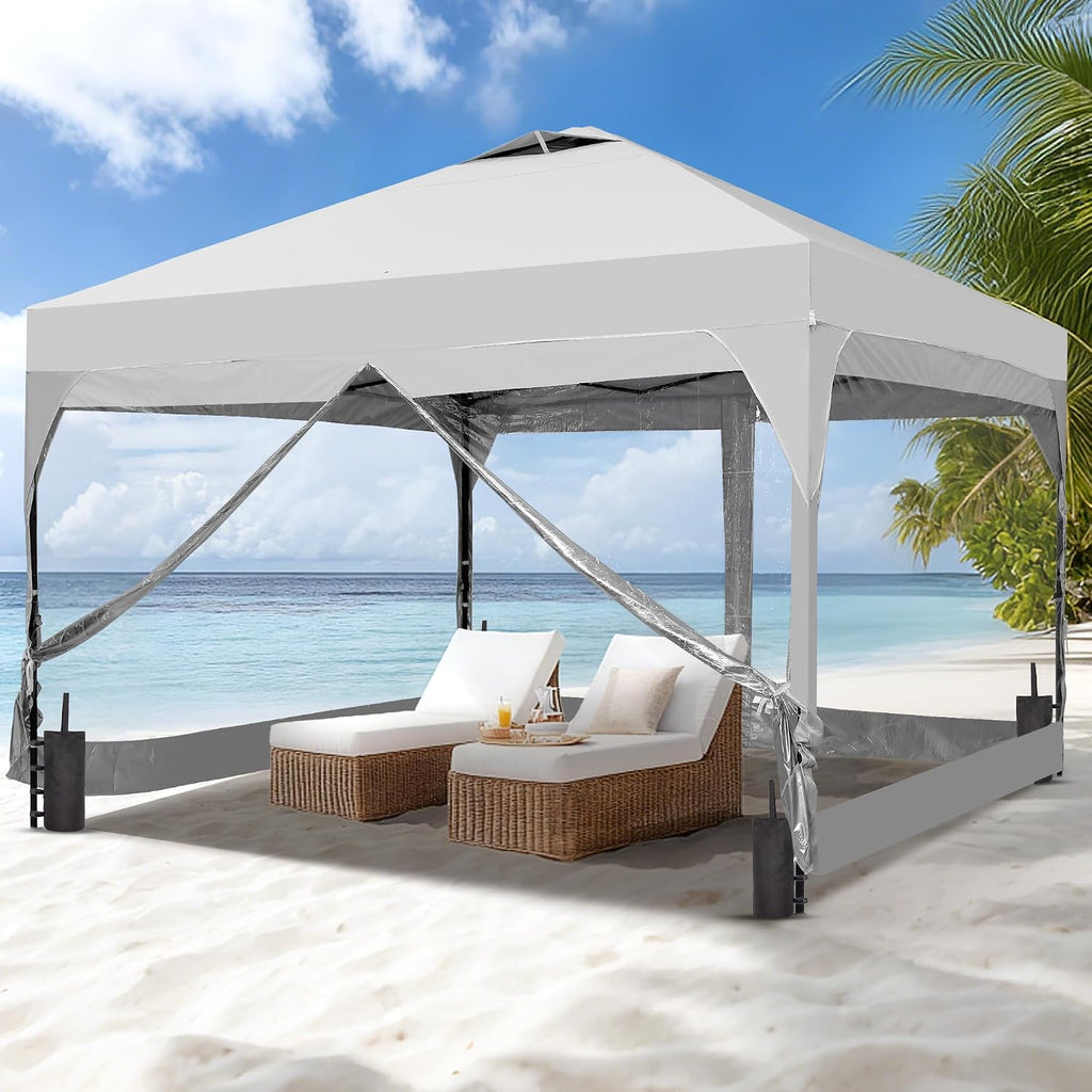 8x8 Pop Up Canopy Tent with One Push Setup, Outdoor Sun Shade Canopy for Backyard Party, Easy Up Instant Shelter with 4 PVC Transparent Sidewalls, 4-Sandbags & Hand Bag, White.