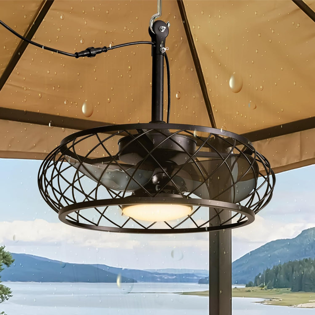 20'' Outdoor Ceiling Fan with Lights Remote Control, Outdoor Ceiling Fans with Hanging Hook, Dimmable Caged Industrial Chandelier with Fan, Fandelier for Gazebo Patio Pergola, Black