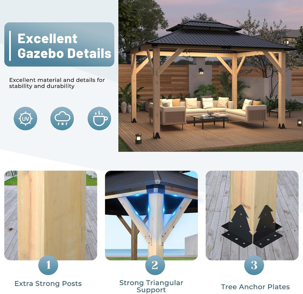 10'x12' Outdoor Wooden Gazebo, Outdoor Patio Gazebos with Galvanized Steel Double Roof, Heavy-Duty Cedar Wood Gazebo for Garden, Lawn, Poolside, Backyard Dec (Wood, 10x12FT)