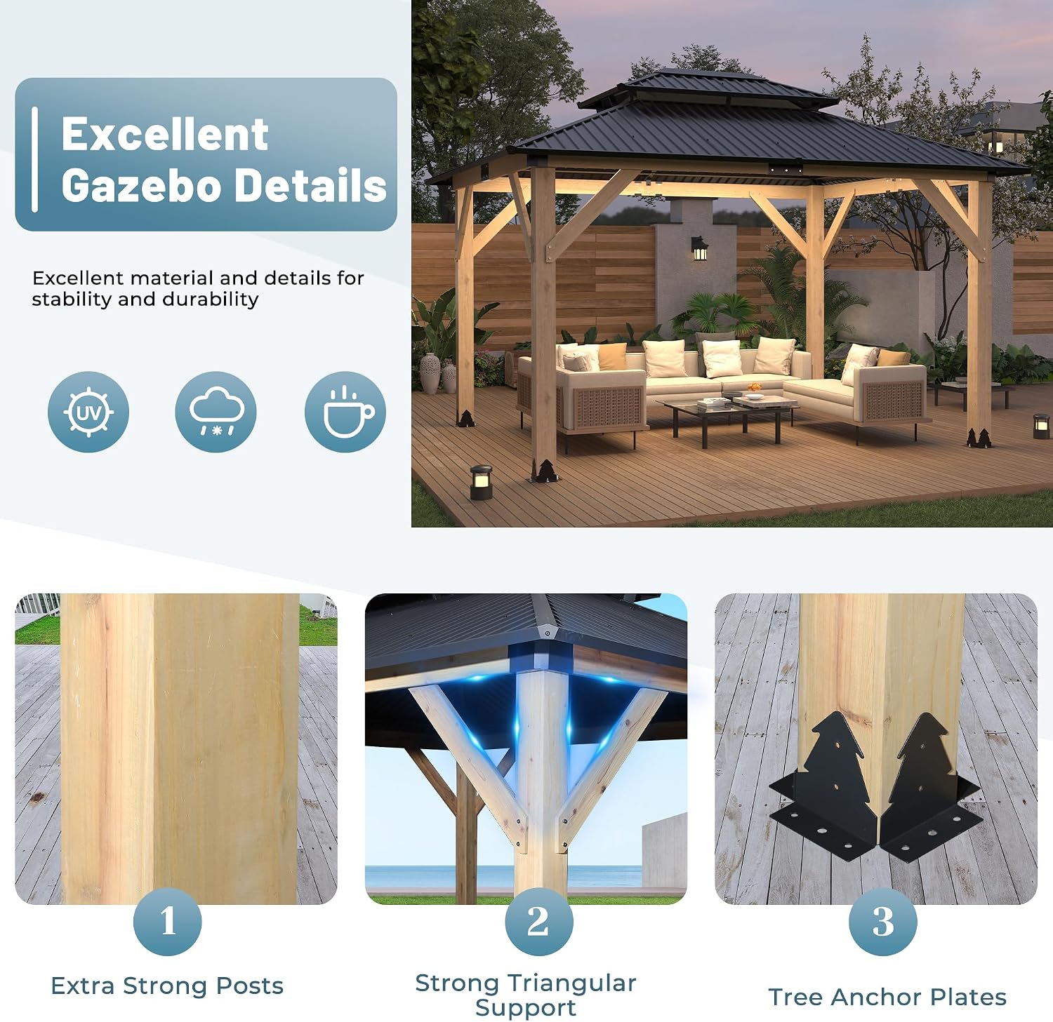 10'x12' Outdoor Wooden Gazebo, Outdoor Patio Gazebos with Galvanized Steel Double Roof, Heavy-Duty Cedar Wood Gazebo for Garden, Lawn, Poolside, Backyard Dec (Wood, 10x12FT)