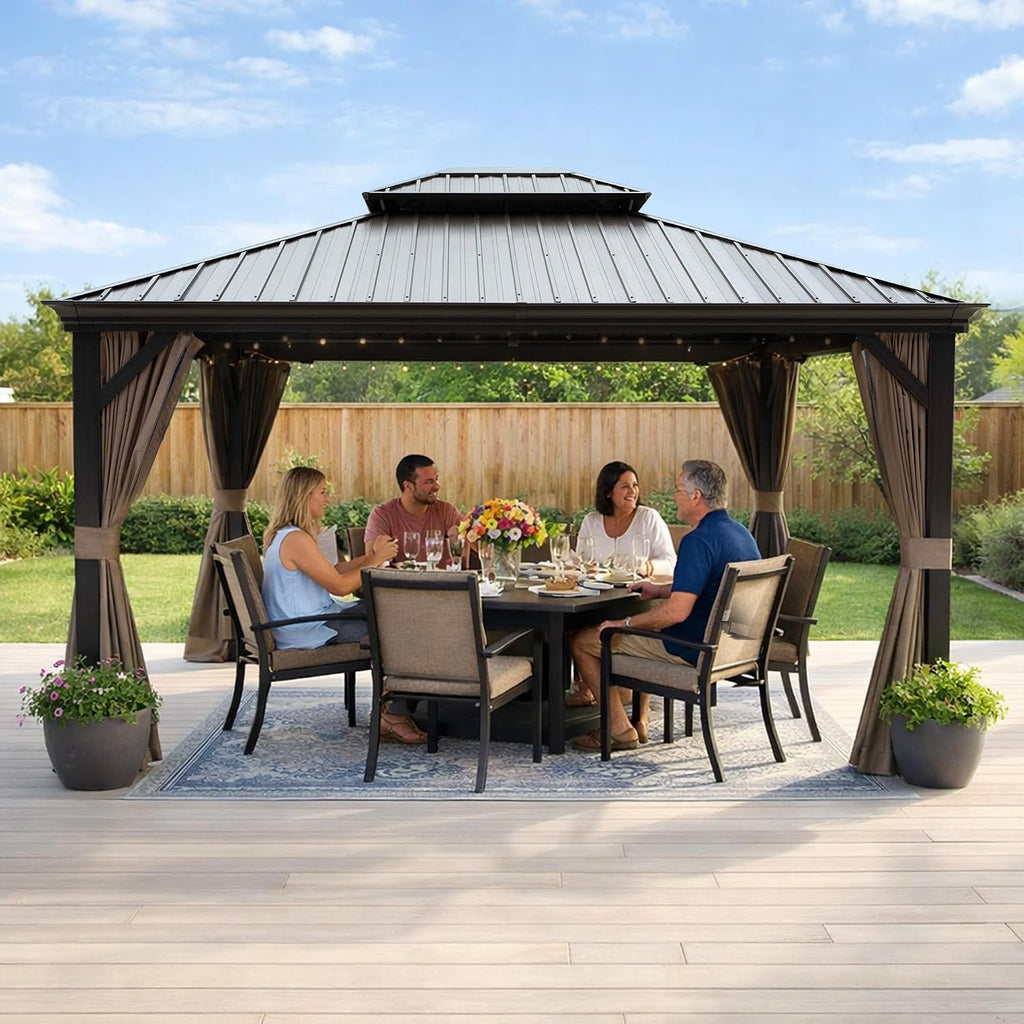 Kozyard Alexander 10' x 14' Hardtop Gazebo, Aluminum Frame with Galvanized Steel Double Roof, Outdoor Permanent Pavilion with Curtains and Netting for Patio, Backyard, Deck, Lawn (Brown)