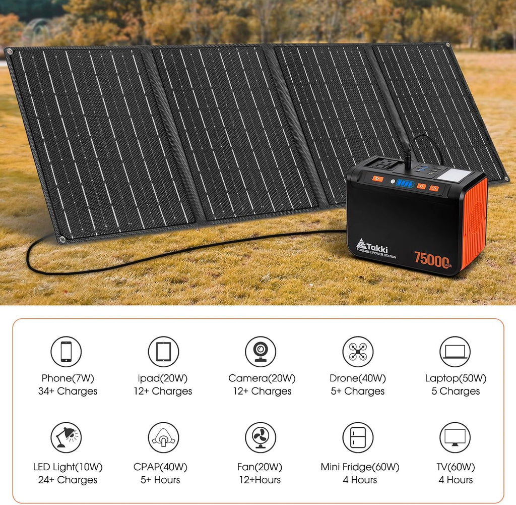 Takki 450W Peak Solar Generator 277Wh Portable Power Station with Solar Panels 40W Included 110V Pure Sine Wave AC Outlet DC USB Ports for Camping CPAP Emergency Tent Outdoor