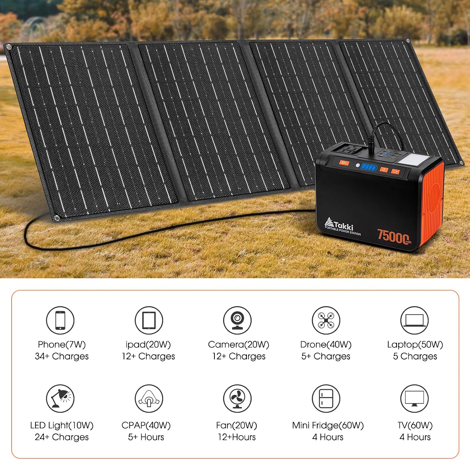 Takki 450W Peak Solar Generator 277Wh Portable Power Station with Solar Panels 40W Included 110V Pure Sine Wave AC Outlet DC USB Ports for Camping CPAP Emergency Tent Outdoor