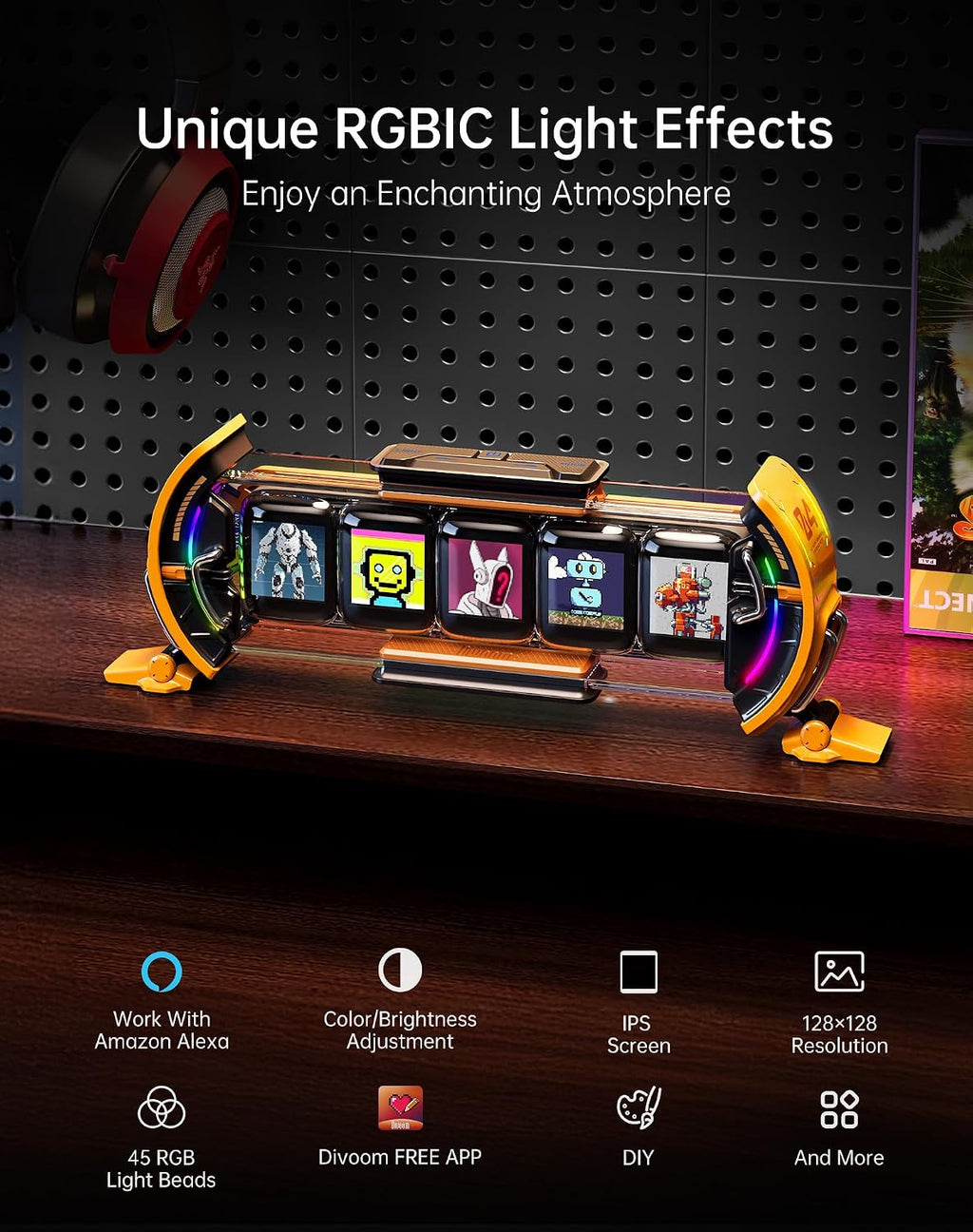 Divoom Times Gate - Cyberpunk Gaming Setup Digital Clock with Smart APP Control, WiFi Connect, RGB LED Display, Personalized Dashboard, Pixel Art for Gaming Room & Office Decor (Yellow)