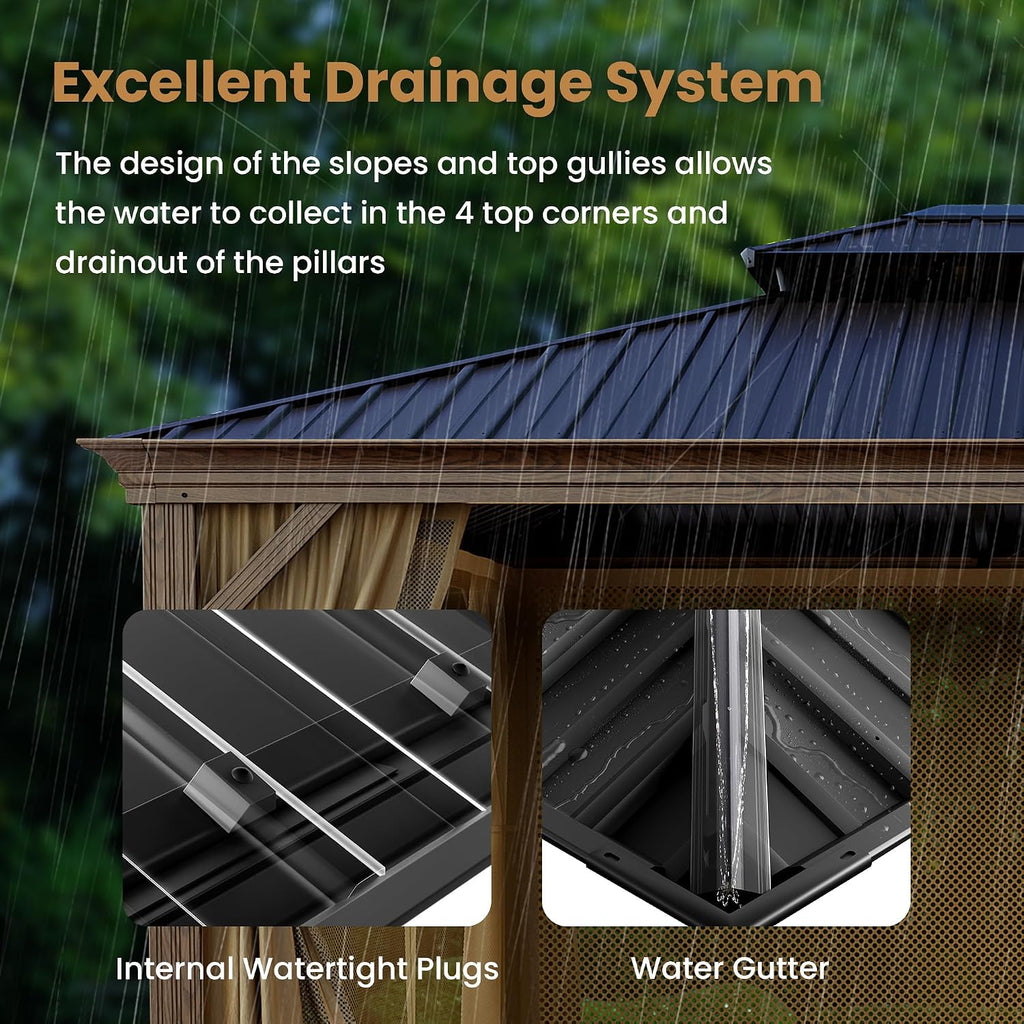 COSIEST 10X12 FT Hardtop Gazebo Rustproof Double Roof Metal Gazebo with Woodgrain Steel Columns & Netting Curtains Poolside,Deck,BBQ Area (Wooden Look)
