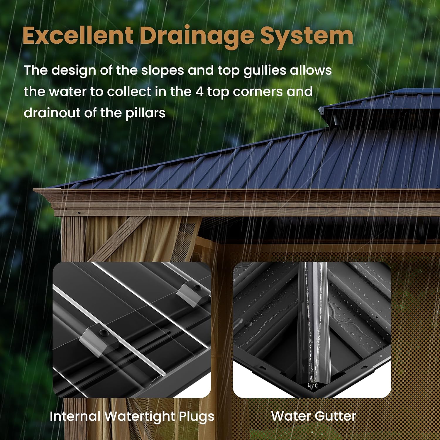 COSIEST 10X12 FT Hardtop Gazebo Rustproof Double Roof Metal Gazebo with Woodgrain Steel Columns & Netting Curtains Poolside,Deck,BBQ Area (Wooden Look)
