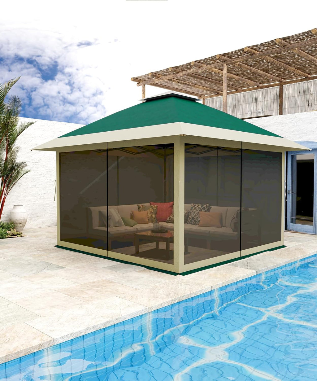 KYBOLT 12x12 Pop Up Gazebo Outdoor Canopy Shelter with Mosquito Netting 4 Stanbags Instant Gazebo Tent for Lawn, Garden, Backyard, Deck (Olive Green + Taupe)