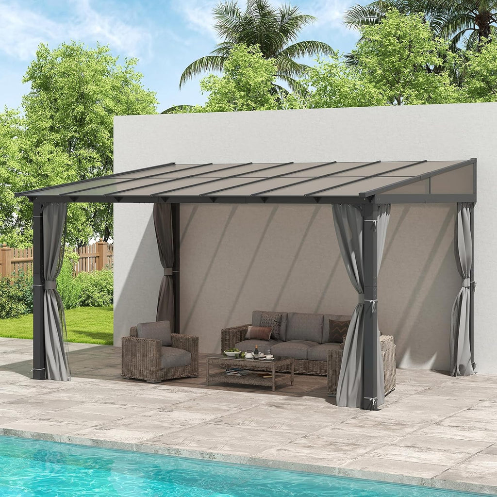 10'x10' Lean to Gazebo, Wall Mounted Gazebo with Aluminum Frame, Curtains and Netting for Patio,Decks, Garden and Lawn