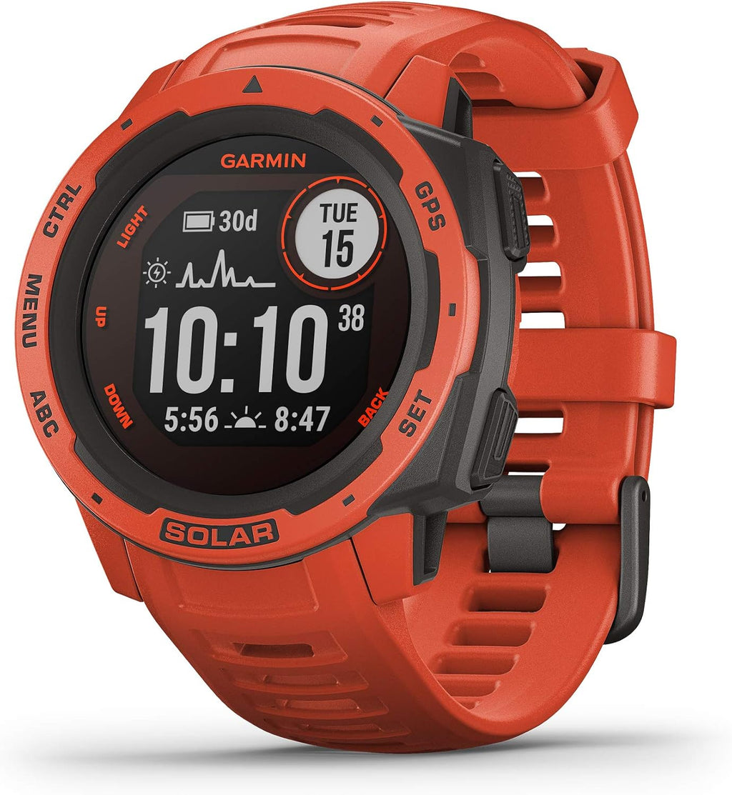 Garmin Instinct Solar, Solar-Powered Rugged Outdoor Smartwatch, Built-in Sports Apps and Health Monitoring, Flame Red