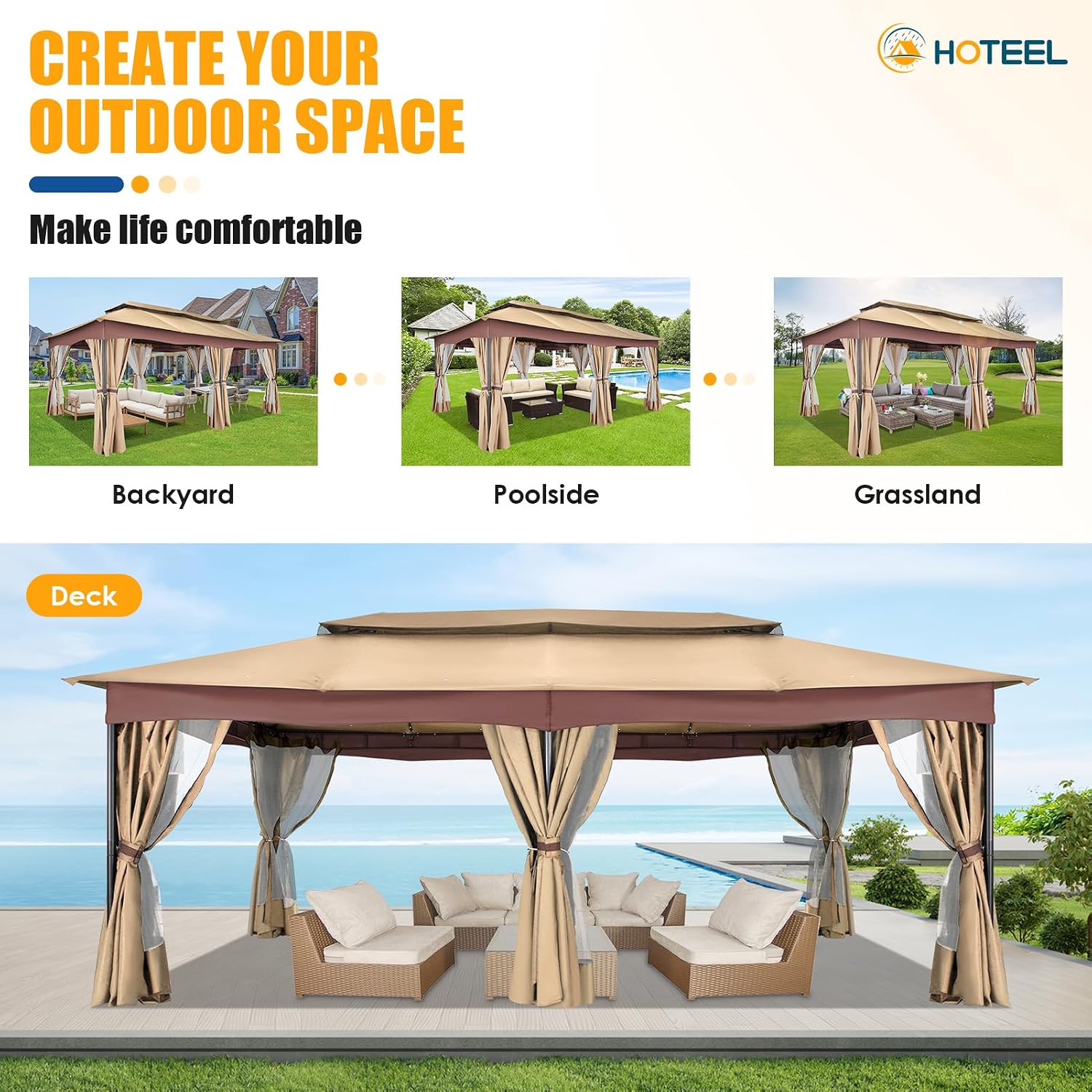 HOTEEL Gazebo 12x20, Outdoor Gazebo on Clearance with Double Ventilated Arc Roof, Privacy Curtains & Mosquito Netting, Easy Set up Canopy Tent with Stable Metal Frame for Patio, Khaki (Upgraded 3.0)