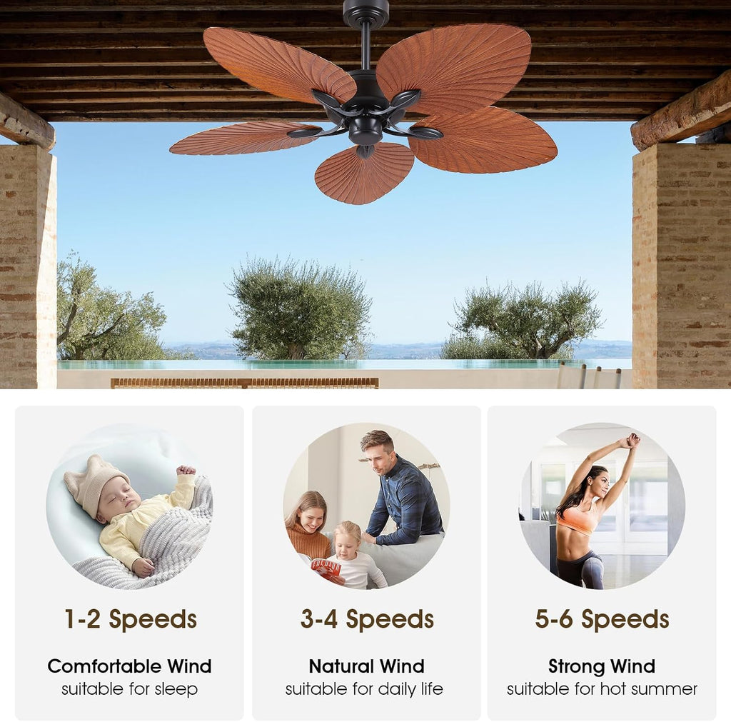 PHORUS 52' Waterproof Outdoor Palm Leaf Ceiling Fans Without Lights and Remote,Wet Rated Tropical Ceiling Fans for Patios Porch Gazebo Pergola