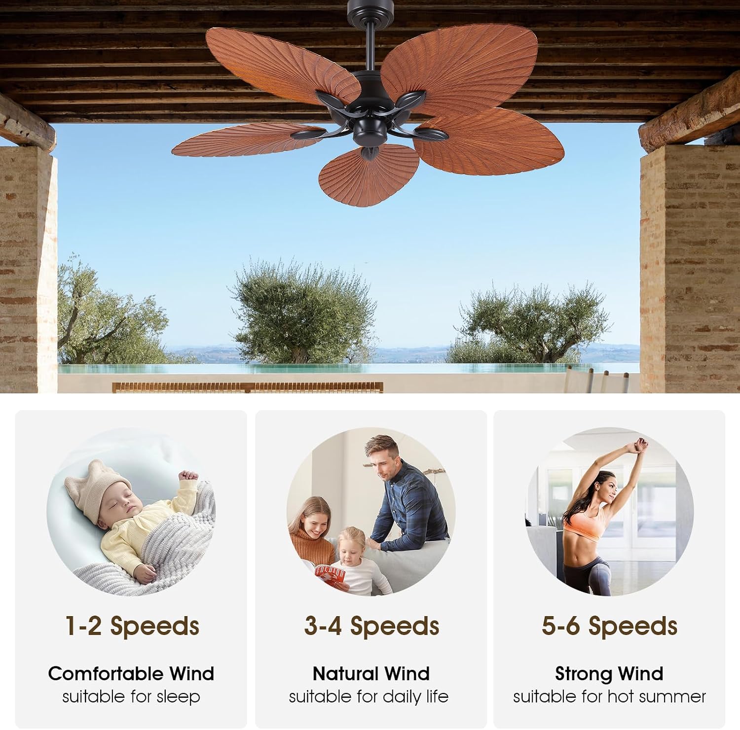 PHORUS 52' Waterproof Outdoor Palm Leaf Ceiling Fans Without Lights and Remote,Wet Rated Tropical Ceiling Fans for Patios Porch Gazebo Pergola