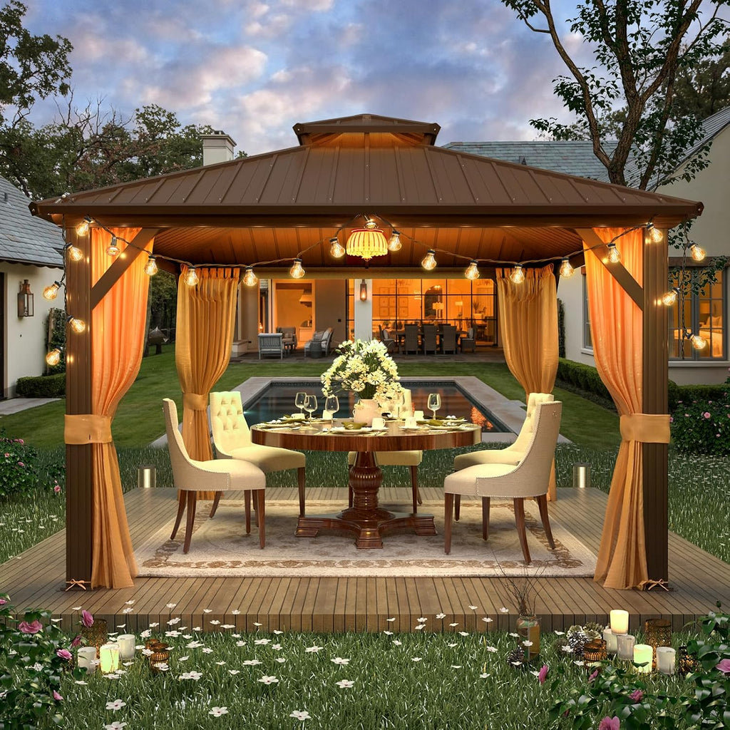 YOLENY 12' x 12' Gazebo Hardtop with Aluminum Frame,Galvanized Steel Double Roof Gazebos with Curtain and Netting,Outdoor Metal Pergolas for Garden, Lawn, Deck, Brown