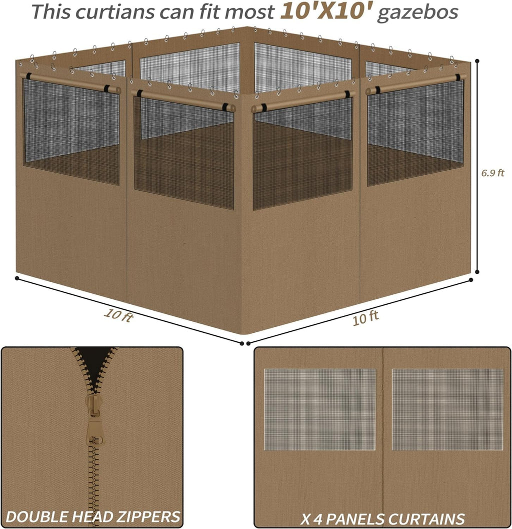 Gazebo Privacy Curtains 10' x 10' with Mosquito Windows, 4-Panels Side Wall with Zipper Universal Replacement for Patio, Outdoor Canopy, Garden and Backyard, Khaki (Curtain Only)