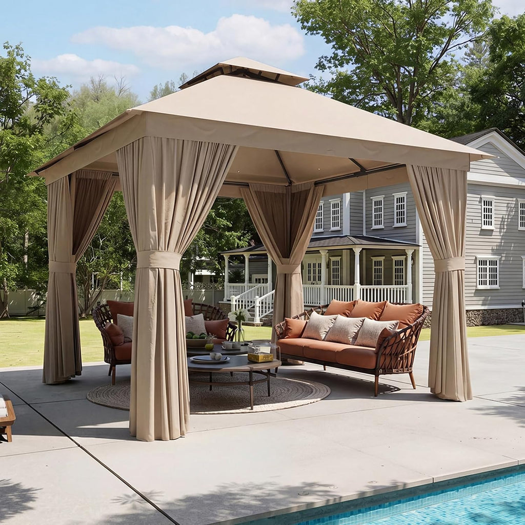 Aoxun Outdoor Gazebo for Patio 10x10 Metal Frame Canopy with Double Roofs Heavy Duty Party Tent and Shelter with Mosquito Netting and Privacy Screen for Backyard, Lawn, Garden, Deck (Khaki)