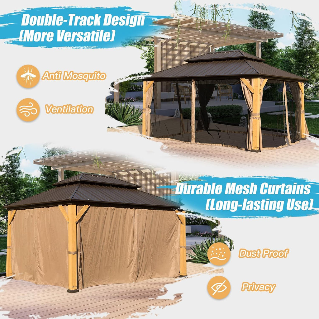Domi 10' X 14' Wood Gazebo, Cedar Frame Hardtop Gazebo with Galvanized Steel Double Roof, Netting & Curtains, Patio Pergola Pavilion for Patio, Backyard, Deck, Lawns